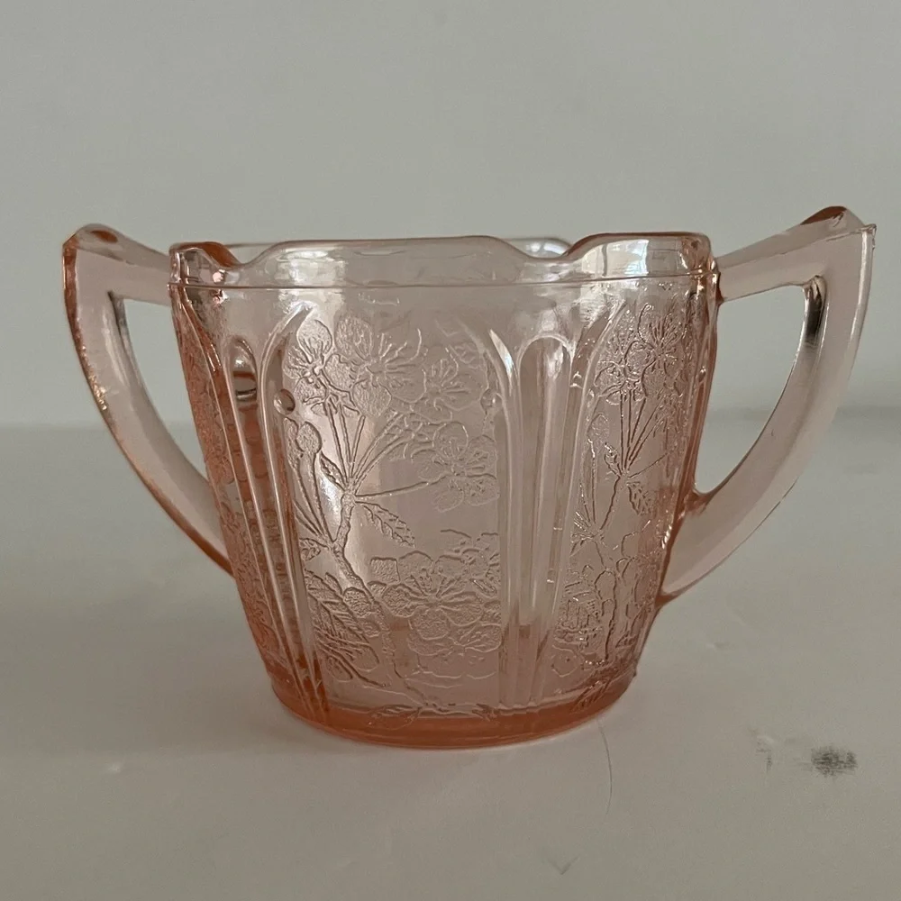 Vintage Pink Depression Glass Cherry Blossom Open Sugar